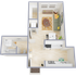Modern 3D floor plan showcasing a cozy one-bedroom apartment with a welcoming entry, spacious living room, stylish kitchen, and elegant bathroom.