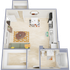 Modern 2D floor plan showcasing an open-plan living area with kitchen, dining space, and cozy living room, complete with a stylish bathroom.