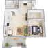 Charming open-concept floor plan featuring one bedroom, a cozy living area, sleek kitchen, and a welcoming balcony.