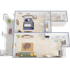 Inviting floor plan featuring a spacious bedroom, open-concept living area, modern kitchen, and cozy balcony.