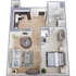Modern apartment floor plan with one bedroom, open-concept living and dining area, sleek kitchen, and elegant bathroom. Perfect for comfortable urban living.