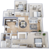 Bright 3D floor plan featuring 3 spacious bedrooms, a cozy living room with stylish decor, a modern kitchen with dining area, and 2 sleek bathrooms.
