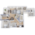 Beautifully designed 3D floor plan showcasing 3 bedrooms, an open living area, modern kitchen, and two bathrooms.