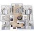 Modern 3D floor plan showcasing two spacious bedrooms, cozy living area, sleek kitchen, and elegant bathrooms.
