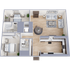 Modern 3D floor plan showcasing 2 bedrooms, cozy living room, dining area, and sleek kitchen with ample storage.