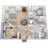 Modern 3D floor plan showcasing a spacious 2-bedroom apartment with an open living area, sleek kitchen, and elegant dining space.