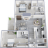 Modern 3D floor plan showcasing two spacious bedrooms, an elegant open living area, a dining space, and a stylish kitchen, complete with a cozy balcony.