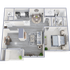 Modern apartment floor plan featuring a spacious bedroom, chic living room with contemporary decor, open kitchen with sleek appliances, and elegant dining area.