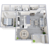 Modern 3D floor plan showcasing one-bedroom apartment with a cozy living room, elegant dining area, stylish kitchen, and convenient laundry space.