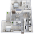 Elegant 3D floor plan of a modern apartment featuring 2 bedrooms, a cozy living area, stylish kitchen, and balcony space.