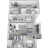 Modern 3D floor plan showcasing an elegant apartment with two bedrooms, open-concept living and dining area, stylish kitchen, and a convenient bathroom layout.
