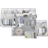 Elegant 3D floor plan showcasing a modern apartment with two bedrooms, a cozy living room, and an open kitchen with dining space.