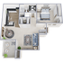 Charming floor plan showcasing a spacious 1-bedroom apartment with a cozy living room, modern kitchen, and a relaxing sunroom.