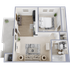 Modern 3D floor plan showcasing a cozy one-bedroom apartment with a stylish living room, elegant bathroom, and inviting balcony.