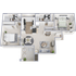 Elegant 3D floor plan showcasing 2 bedrooms, 2 bathrooms, a modern kitchen, and a spacious living area with stylish furnishings.