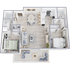 Modern 3D floor plan featuring two bedrooms, an open-concept living area, and a sleek kitchen, complete with stylish indoor and outdoor seating.