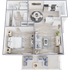 Modern open-concept floor plan with a cozy living room, contemporary kitchen, spacious bedroom, and stylish balcony seating area.