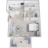 Chic apartment floor plan showcasing a spacious layout with one bedroom, modern kitchen, cozy living area, and inviting outdoor patio.