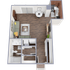 Modern 1-bedroom apartment floor plan featuring an open-concept living and dining area, cozy kitchen, and spacious bathroom with sleek wood flooring.