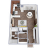 Modern 1-bedroom apartment floor plan with open-concept kitchen and living area, stylish bathroom, and inviting dining space.