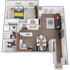 Modern 3D floor plan showcasing a spacious one-bedroom apartment with open-concept living room and dining area, stylish kitchen, and elegant bathroom.