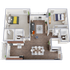 Modern 3D floor plan with 2 spacious bedrooms, open-concept living and dining area, sleek kitchen, and elegant decor.