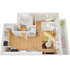 Charming 3D floor plan showcasing a cozy bedroom, stylish open-concept living area, and sleek kitchen. Bright interiors and modern decor create a welcoming environment.