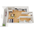 Chic 3D floor plan featuring a cozy bedroom, modern kitchen, inviting living area, and private balcony with seating.