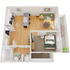 Modern 3D floor plan showcasing a cozy one-bedroom apartment, open-concept kitchen with breakfast bar, stylish living room, and private balcony.
