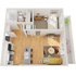 Charming 1-bedroom apartment layout featuring a cozy living room, modern kitchen with breakfast bar, and spacious bathroom.