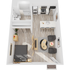 Modern open-concept studio apartment showcasing a stylish kitchen with an island, cozy living area, and integrated bedroom space, featuring wood flooring and contemporary furnishings.
