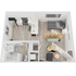 Modern studio apartment floor plan showcasing an open kitchen with breakfast bar, cozy living area, and a compact bathroom, all enhanced by stylish wood flooring and bright natural light.