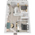 Modern 2D floor plan showcasing an open living area with cozy seating, a sleek kitchen, dining nook, 2 stylish bedrooms, and a contemporary bathroom.