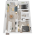 Modern 3D floor plan featuring 2 bedrooms, a stylish open-concept living and dining area, and a sleek kitchen, complemented by chic furnishings and natural lighting.