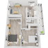 Modern 3D floor plan of a chic apartment with two bedrooms, open living and dining areas, stylish kitchen, bathroom, and private balcony.