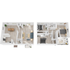 Chic two-story floor plan showcasing an inviting open-concept living area, stylish kitchen, and dining space on the first floor, with three cozy bedrooms and two bathrooms upstairs.