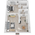 Chic 3D floor plan showcasing a modern one-bedroom apartment with open living area, stylish kitchen, and sleek bathroom.