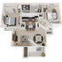 Modern 3D apartment floor plan featuring 2 bedrooms, a stylish open kitchen with seating, spacious living room, dining area, and 2 bathrooms.