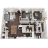 Modern 3D floor plan showcasing two cozy bedrooms, a stylish open living and dining area, a well-equipped kitchen, and chic wood flooring.