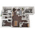 3D floor plan showcasing a spacious two-bedroom apartment with an open living room, modern kitchen, and two bathrooms, featuring elegant hardwood flooring and ample natural light.