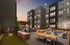 Chic urban courtyard at sunset, featuring modern seating, string lights, and a vibrant social atmosphere.