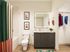 Modern bathroom with stylish vanity, vibrant shower curtain, and walk-in closet access, perfect for contemporary living.