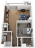 Modern 1-bedroom apartment floor plan featuring an open-concept living area, sleek kitchen, and spacious bathroom, ideal for stylish urban living.