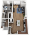 Modern 1-bedroom apartment floor plan with a cozy living area, elegant kitchen, and stylish bathroom, featuring hardwood floors and ample natural light.