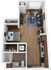 Chic and cozy 1-bedroom apartment floor plan featuring a modern kitchen, inviting living room, and a spacious bathroom with in-unit W/D.