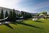 Spacious outdoor area featuring lush green lawns, cozy hammocks, tall conifer trees, and modern patio furniture for relaxation.