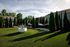 Serene backyard oasis featuring lush green lawn, elegant evergreens, hammocks, and stylish planter.