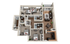 Modern 3D floor plan showcasing 3 bedrooms, elegant open living space, and a sleek contemporary kitchen.