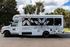 Vibrant shuttle bus adorned with artistic floral designs, set against a backdrop of lush palm trees under a bright sky.