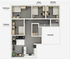 Modern floor plan showcasing three bedrooms named Bordeaux, Essex, and Windsor, with a chic open living area and kitchen adjacent to a stairwell.